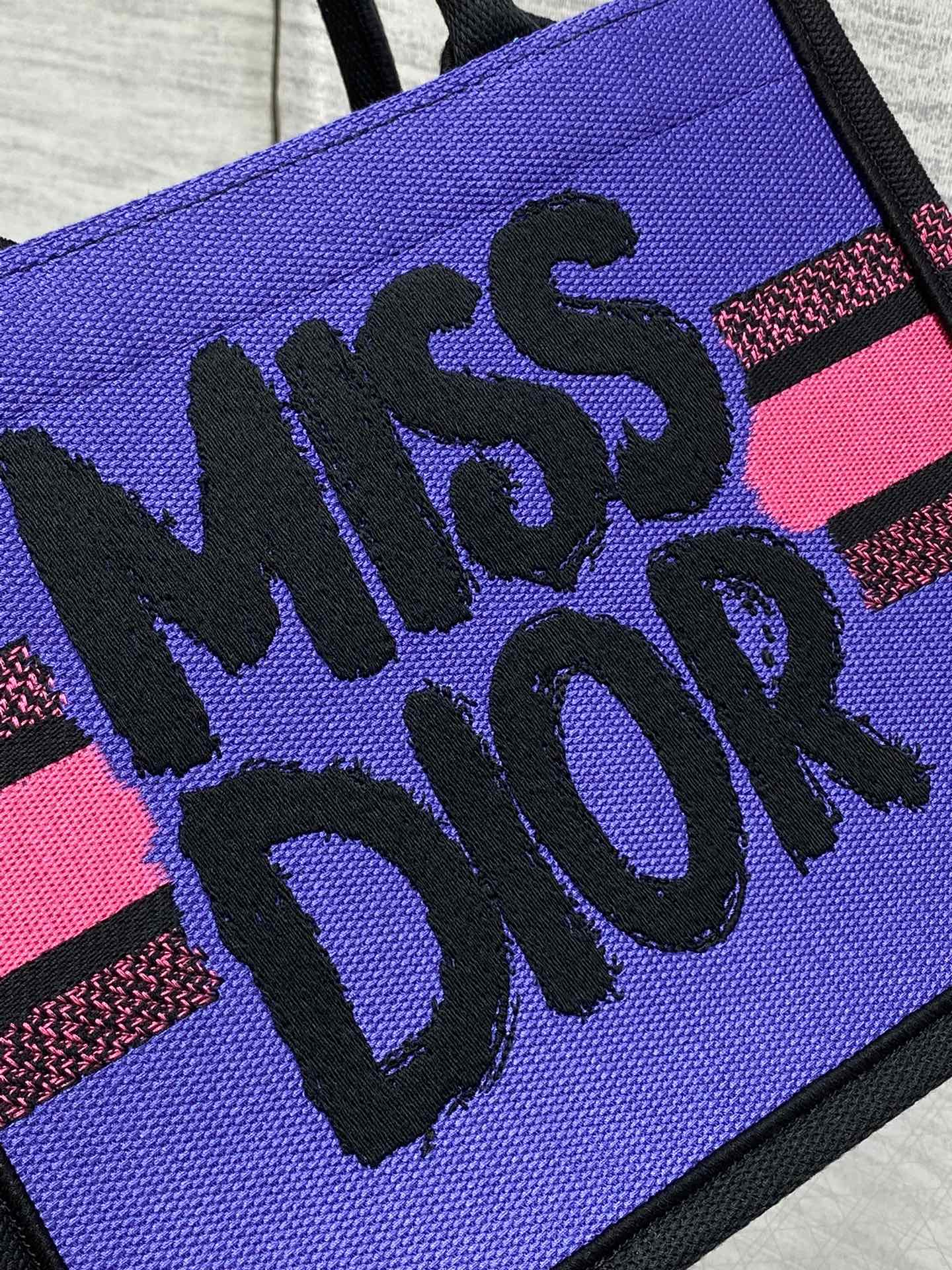 Small Dior Book Tote Bag Two-Tone Fuchsia and Purple Miss Dior Graffiti Embroidery